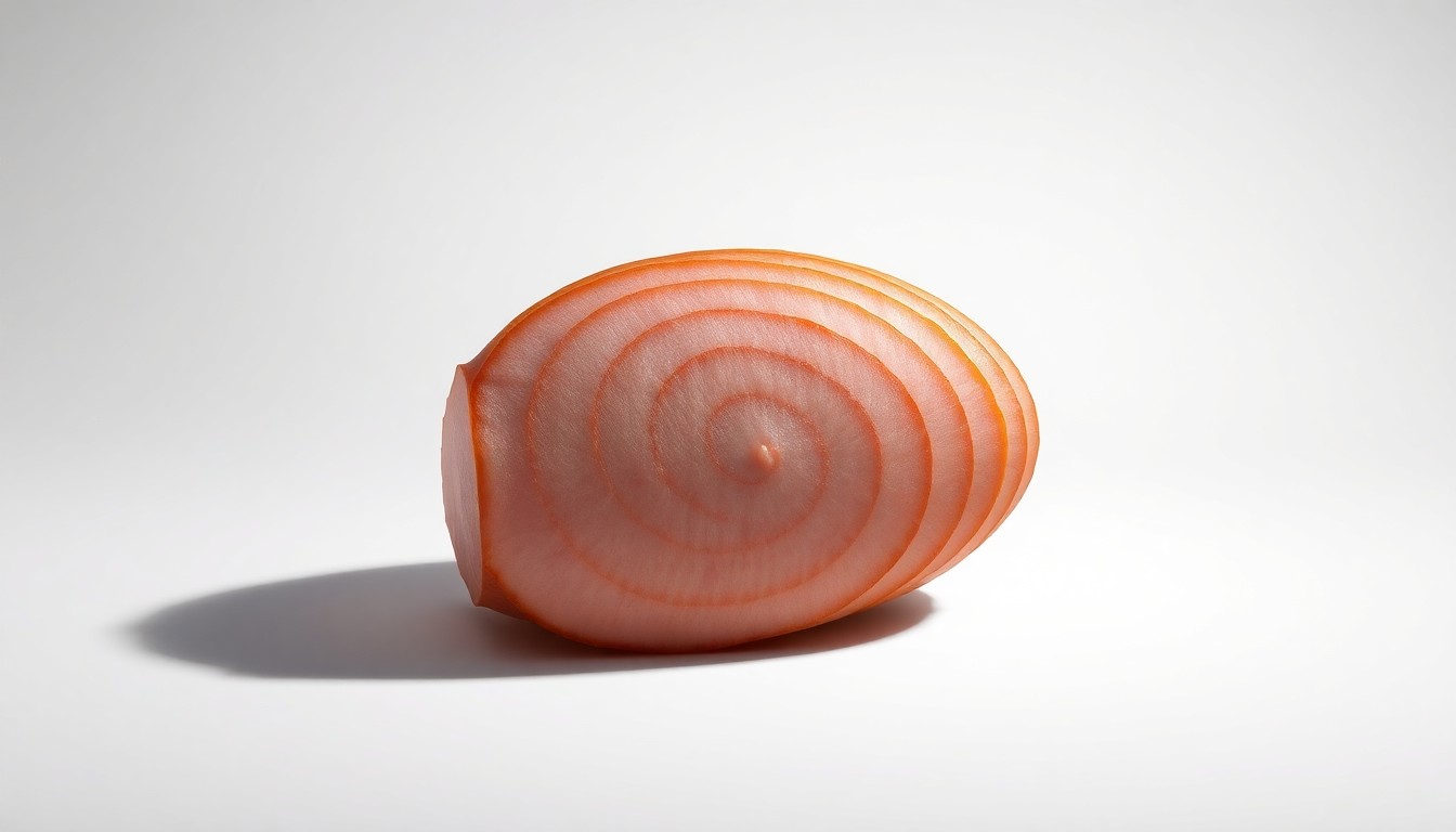 A high-end, photorealistic studio still-life photograph featuring a single, premium spiral-sliced ham on a clean, monochromatic seamless background, lit dramatically with sharp shadows to represent the iconic Honey Baked Ham product in a polished, abstract way.