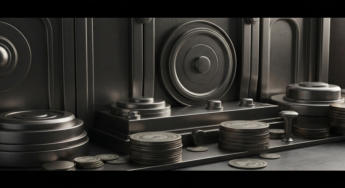 A highly detailed, black-and-white close-up image of the inner workings of a bank's machinery, conveying the complex and powerful nature of the financial system.