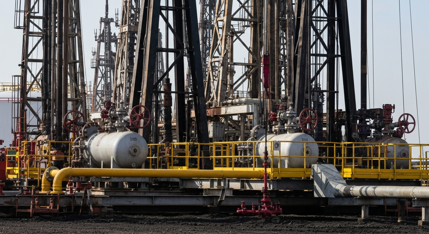 A dramatic, high-contrast close-up of industrial oil and gas equipment, such as a massive pipeline valve or the gears of a drilling rig, conveying the scale and power of the energy sector's physical infrastructure.