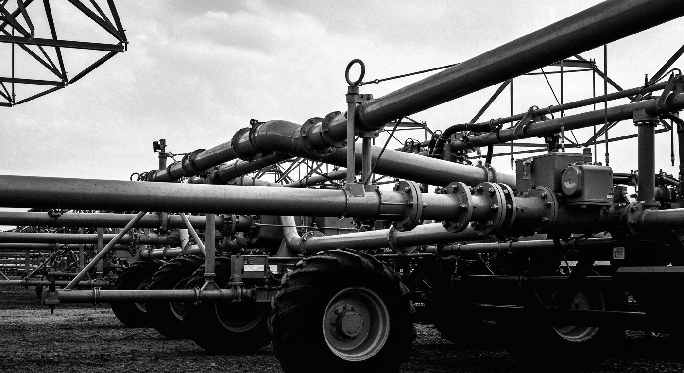 A high-contrast, black-and-white close-up image of the heavy, mechanical components that make up an agricultural irrigation system, conveying a sense of the industrial nature of Lindsay's core business.