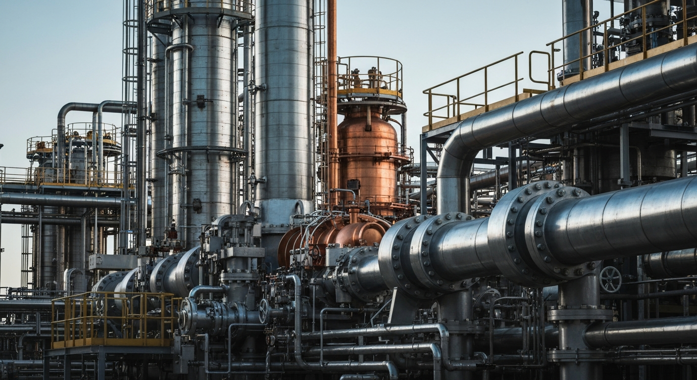 An extreme close-up of industrial refining equipment and machinery, conveying the physical scale and technical complexity of oil refining operations.