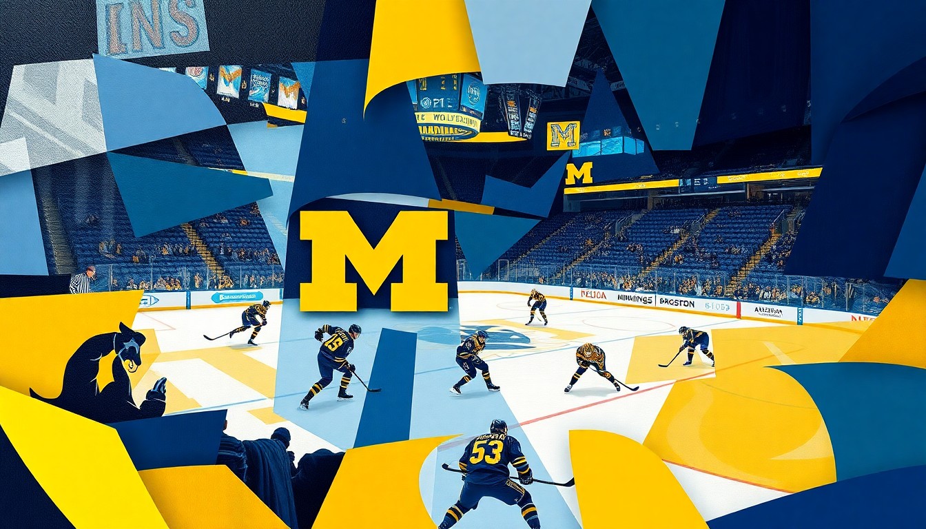 A fractured, cubist-style painting depicting the action and energy of a hockey game between the Michigan Wolverines and Western Michigan Broncos, with the players' movements and the stadium environment broken down into sharp, overlapping geometric shapes and planes in the teams' official colors.