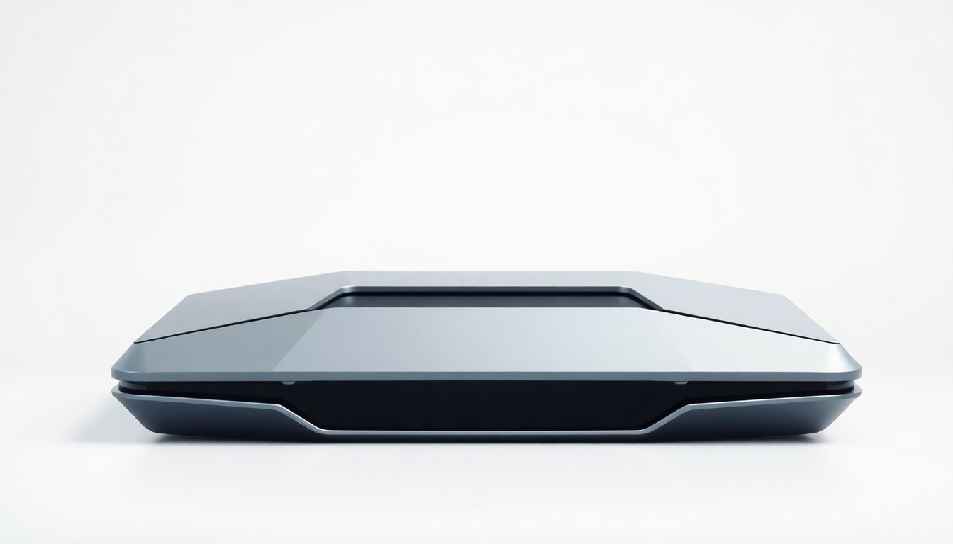 An extreme close-up of a minimalist, matte black and silver tech device with clean, geometric lines and a subtle glowing light, conceptually representing Cleveroad's expertise in custom software development.