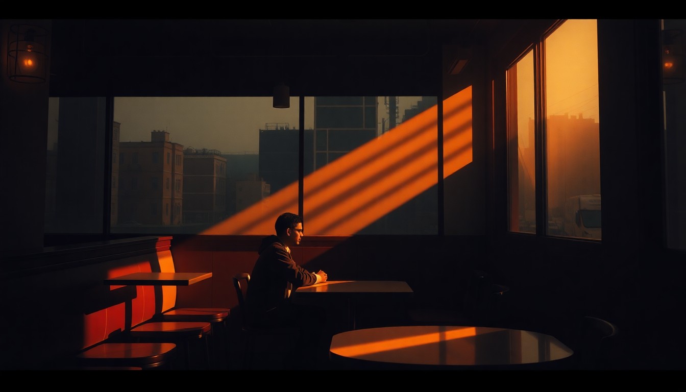 A cinematic painting of a solitary person sitting alone in a dimly lit urban cafe, bathed in warm, diagonal sunlight and deep shadows, conveying a sense of isolation and uncertainty.