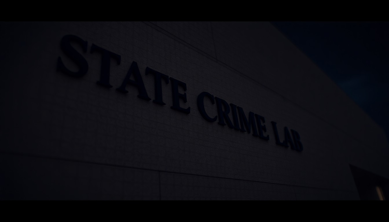 An extreme close-up photograph of the exterior facade of a modern, glass-and-steel building, with a focus on the textural details of the materials and architectural elements, creating a dramatic, moody atmosphere that conceptually represents the importance and gravity of a state crime lab facility.