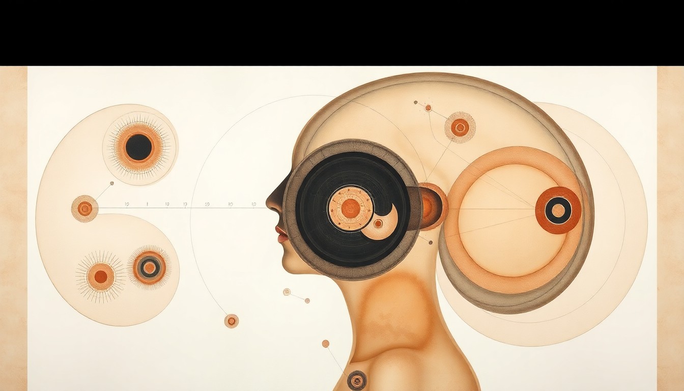 An abstract, highly structured painting in soft earth tones depicting sweeping geometric arcs, concentric circles, and precise botanical spirals, representing the complex anatomy and tumor structures involved in head and neck cancer surgery.