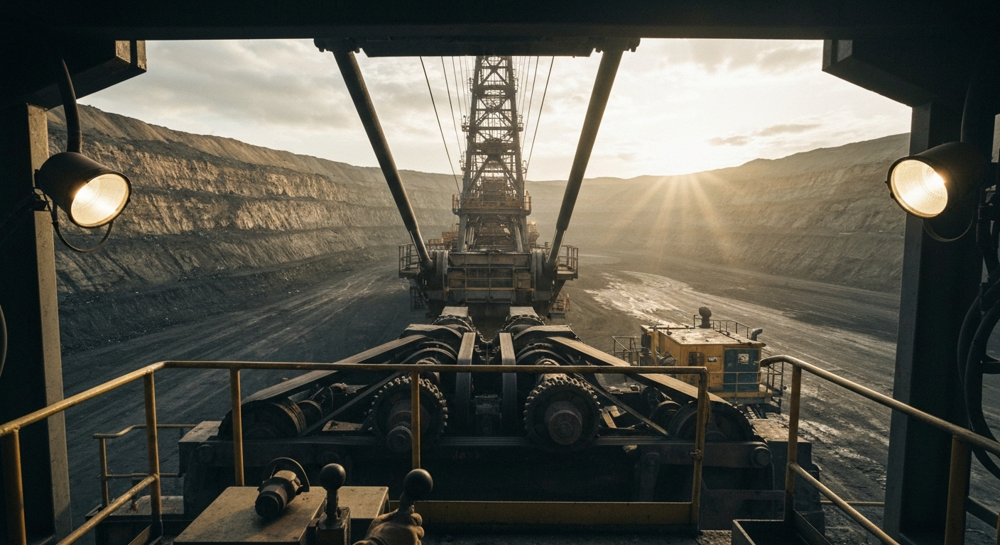 An extreme close-up of gears, pistons, and other heavy industrial mining equipment, conveying the physical scale and power of the mining industry without using any literal financial symbols or text.
