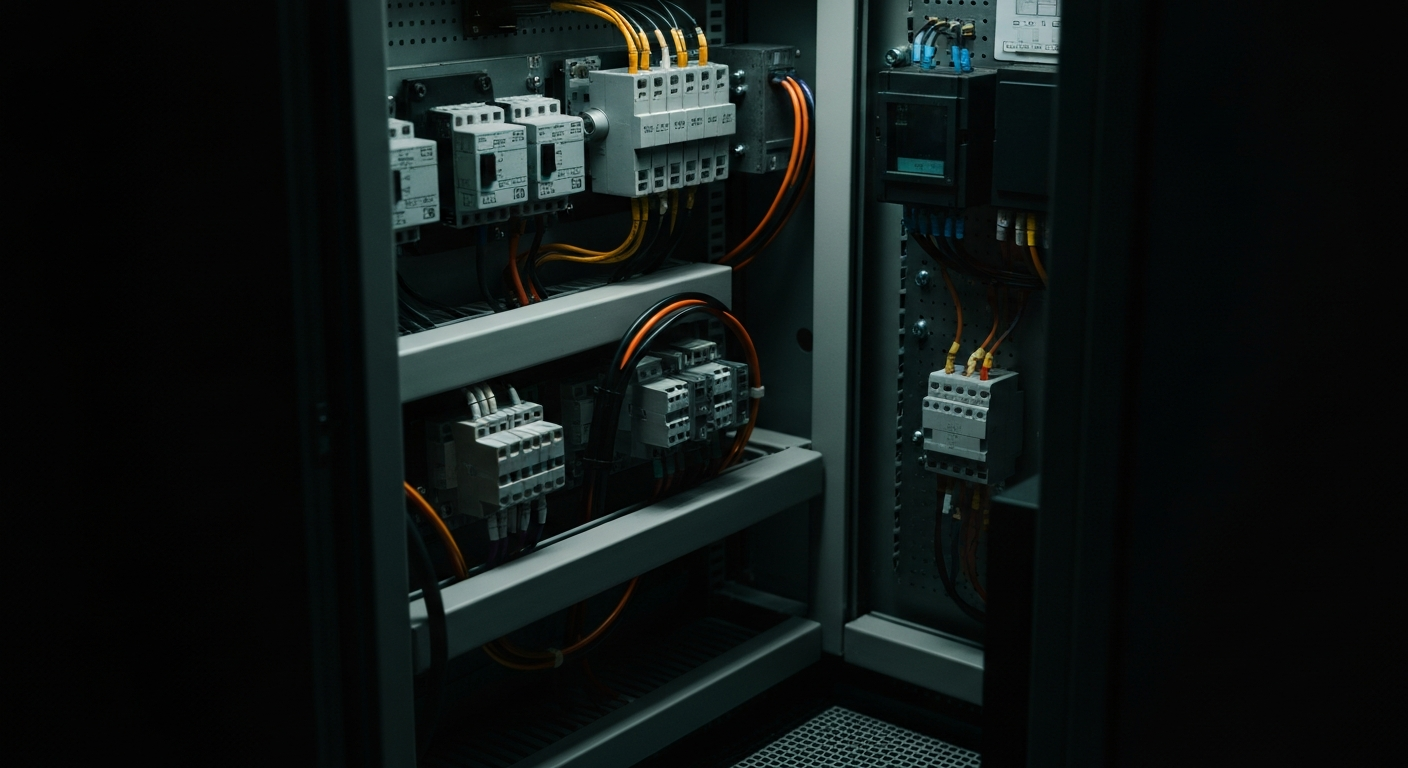 An extreme close-up of the complex inner workings of an industrial electrical control panel, with various metal components, wires, and circuits dramatically lit to convey a sense of technical sophistication and power.