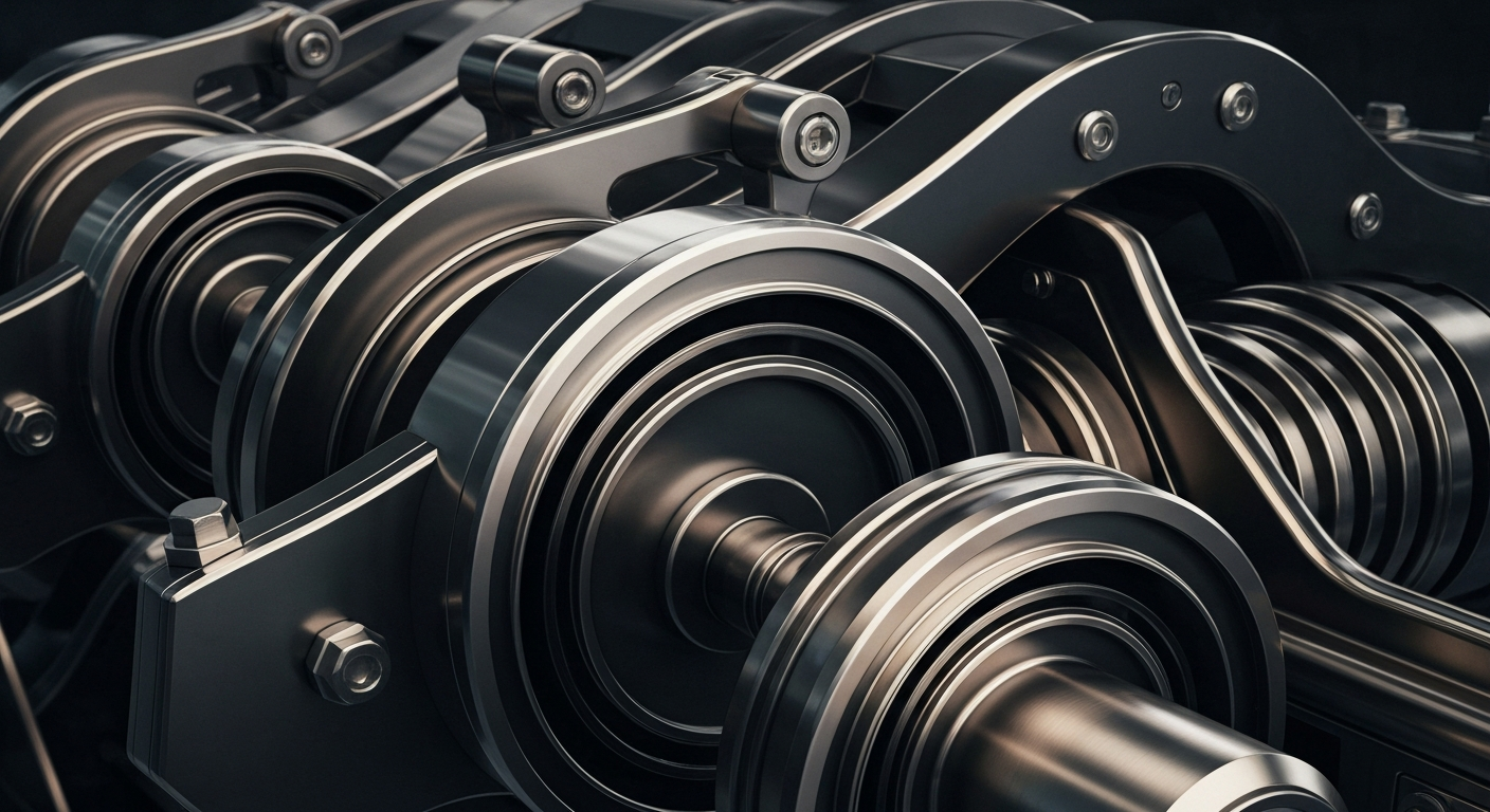 A highly detailed, cinematic close-up of the gears, levers, and mechanisms of a banking machine, rendered in a dramatic, high-contrast style that conveys the power and security of financial institutions.