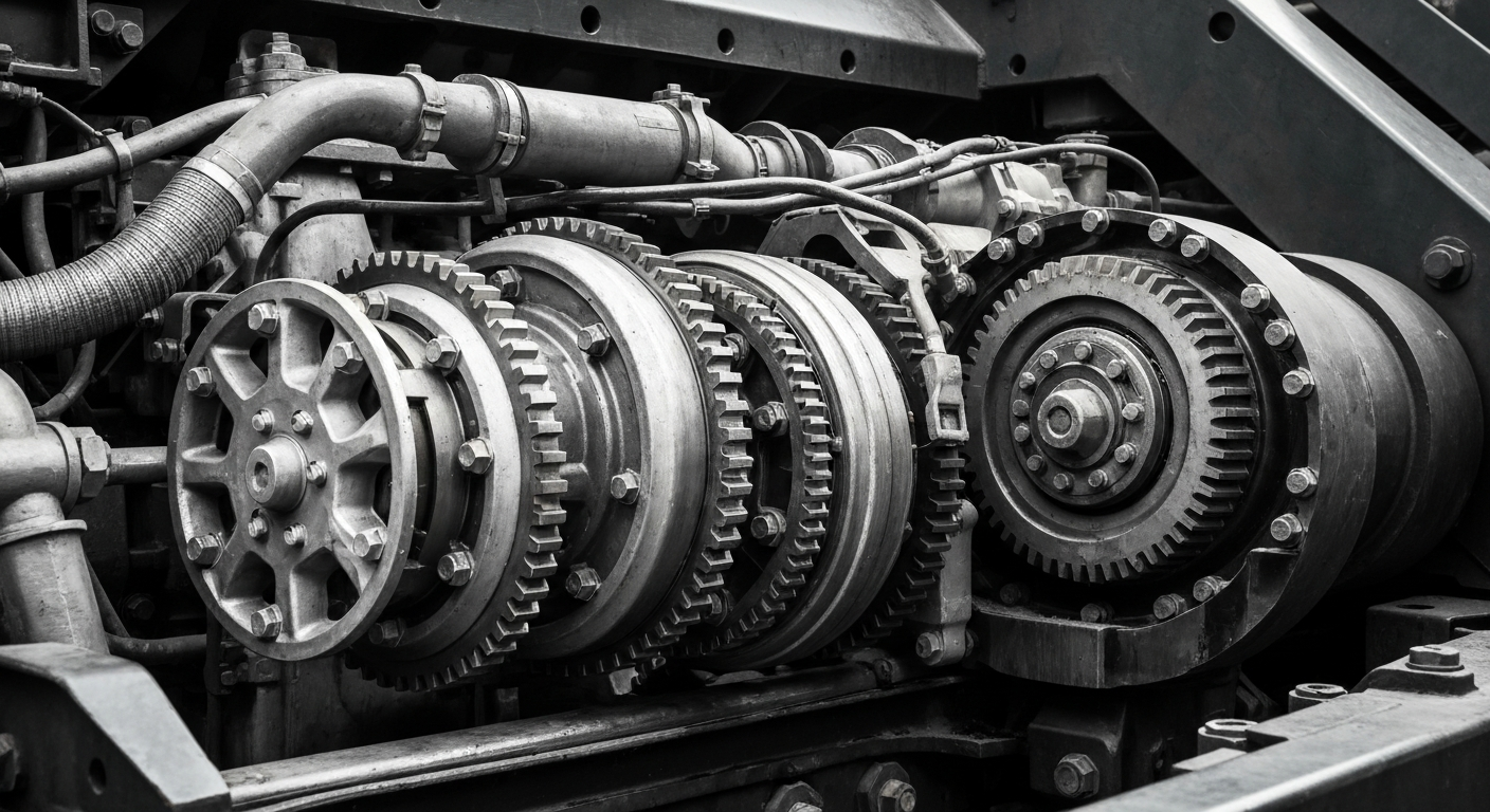An extreme close-up of the complex inner workings of a heavy industrial truck engine, representing the complex machinery and infrastructure that powers the transportation industry.