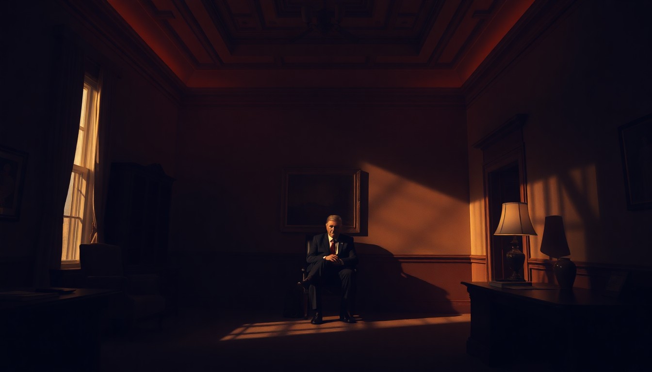 A moody, atmospheric painting depicting a lone political figure seated at a desk in a dimly lit government office, with warm sunlight streaming in through a window and casting deep shadows across the room, conveying a sense of isolation and unease.