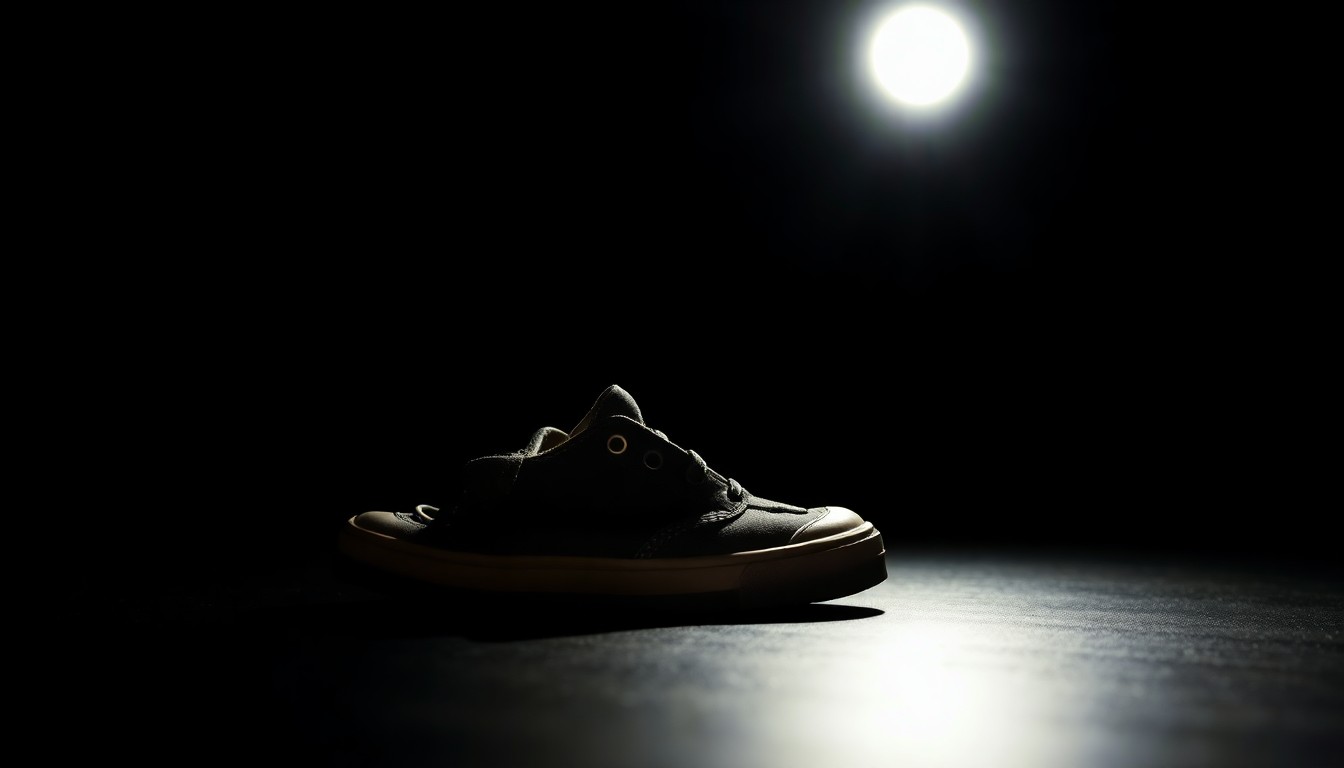 An extreme close-up photograph of a small child's shoe, the harsh flash illuminating the worn texture of the material against a pitch-black background, conveying a sense of mystery and concern over the missing person case.