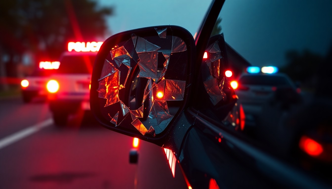 An extreme close-up photograph of a car's shattered side mirror, reflecting the flashing lights of police vehicles in the background, conceptually illustrating the aftermath of a high-speed chase and crash.