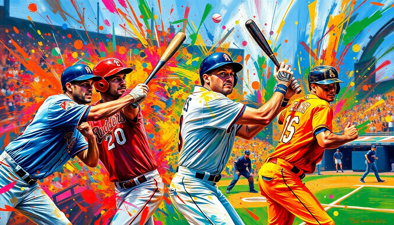 An abstract expressionist painting in vibrant neon colors, with rapid brushstrokes and blurred figures representing the dynamic action of a baseball game.
