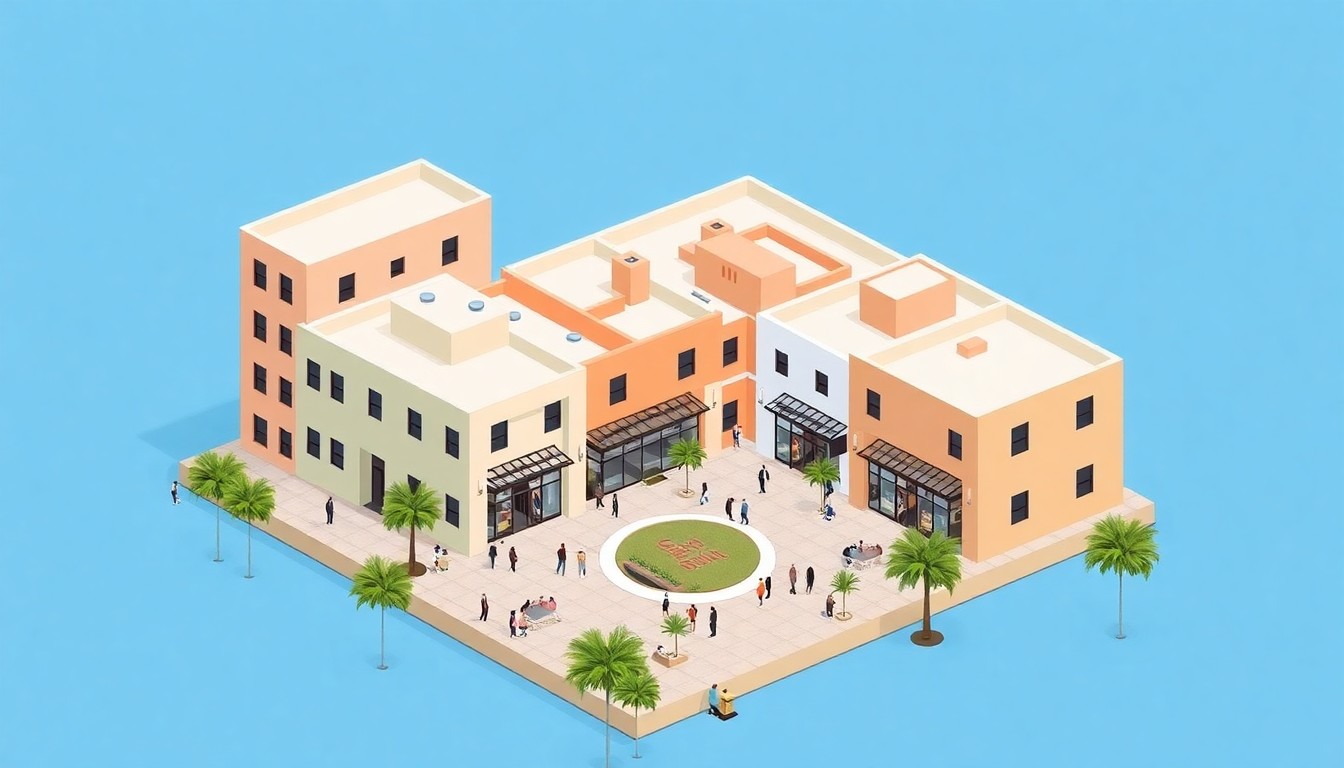 A stylized 3D digital illustration depicting the exterior of the new Savoy Marketplace development in Pensacola, featuring a cluster of modern, pastel-colored buildings arranged around a central plaza with people walking and enjoying the space.