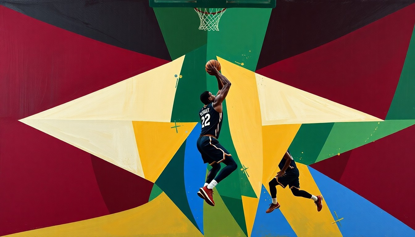 A fragmented, cubist-style painting depicting the powerful movements and defensive impact of Cavaliers forward Evan Mobley, with sharp geometric shapes and bold colors capturing the energy and intensity of his play.