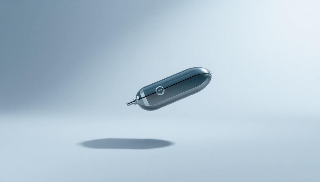 A photorealistic studio still-life photograph featuring a sleek, modern medical device made of polished metal and glass, floating on a clean, monochromatic background and dramatically lit to represent the cutting-edge technology and innovation in the healthcare industry.