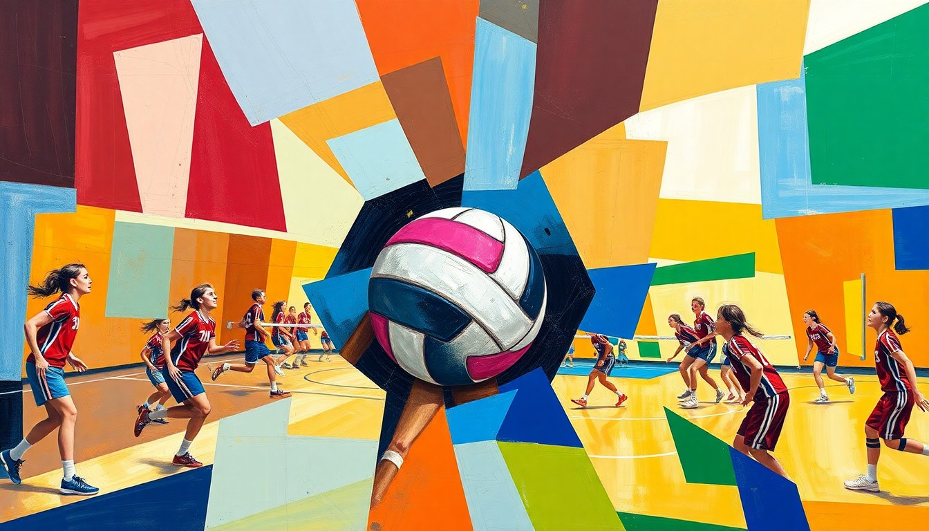 A fractured, geometric painting depicting the dynamic action of a high school volleyball match, with sharp planes of color representing the players, court, and ball in motion.