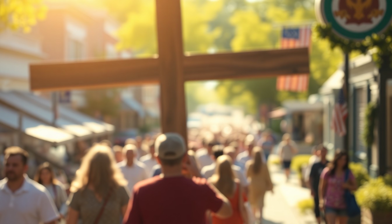 An abstract, impressionistic scene of people carrying a large wooden cross down a sun-dappled street, with soft, blurred pools of warm color and light, conveying the reflective mood of a religious observance.
