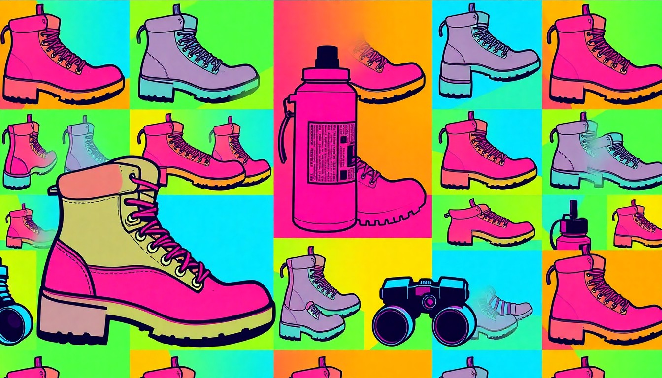 A vibrant, high-contrast silkscreen print featuring repeated images of hiking boots, water bottles, and binoculars in a bold, pop art style, conceptually representing the essential gear and equipment for outdoor exploration and nature-based learning.