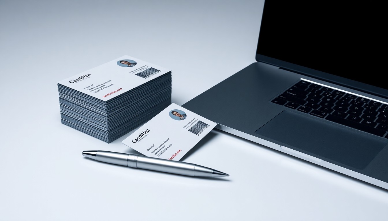A minimalist studio still life featuring a stack of premium business cards, a sleek metal pen, and a modern laptop computer, conceptually representing the executive leadership and technology expertise that CertifID is bringing to the identity verification market.