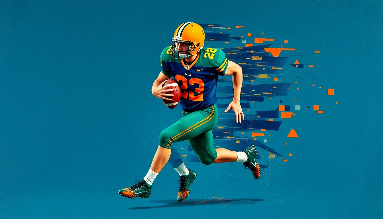 A fragmented, geometric painting depicting a high school football player in motion, with the player's body broken down into sharp, overlapping planes of color.