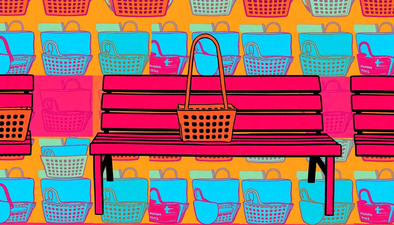 A high-contrast, brightly colored silkscreen print featuring repeated images of a food truck, park bench, and picnic basket in a grid pattern, conceptually representing the variety of free, community-focused activities taking place in Melbourne this weekend.