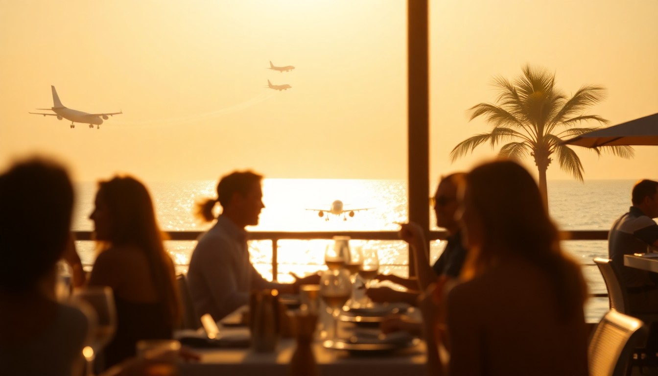 An abstract, out-of-focus photograph depicting people dining at a seaside restaurant, with the faint outlines of jets and aerobatic planes visible in the hazy background, all bathed in a warm, golden glow of diffused light.