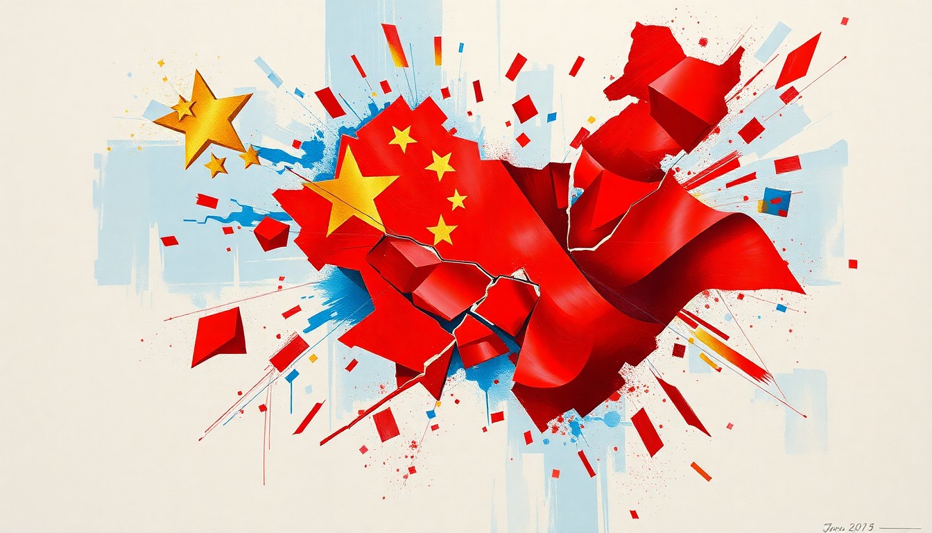 A dynamic, abstract painting in bold colors depicting a fragmented Chinese political symbol or flag, conveying the unsettling impact of foreign interference in American politics.