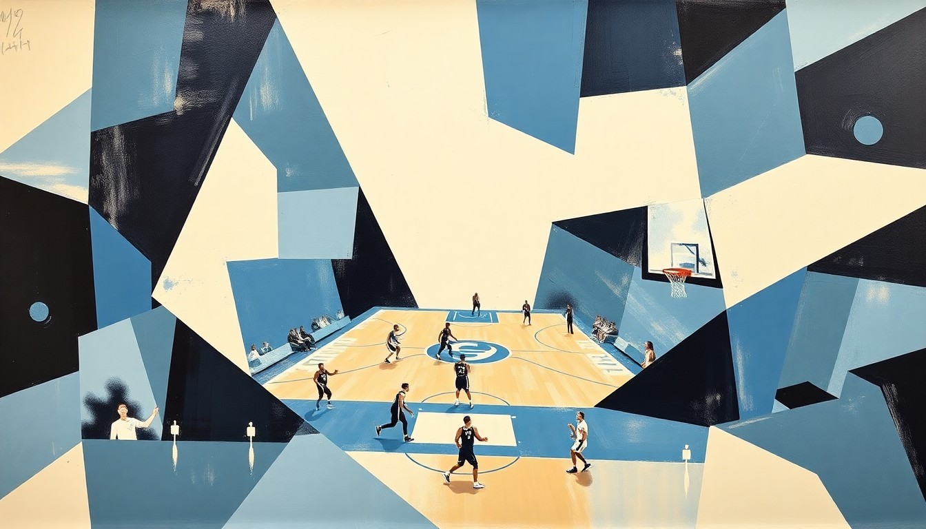 A cubist, geometric painting depicting a basketball game broken down into overlapping planes of Carolina blue, white, and black, conveying the energy and anticipation surrounding the Tar Heels' new coaching leadership.