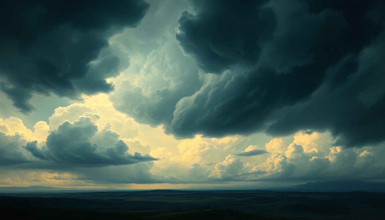 A sweeping, atmospheric landscape painting in muted tones of gray, blue, and green, depicting a dramatic, stormy sky filled with heavy, swirling clouds that overwhelm the distant cityscape below, conveying the sublime power of an approaching weather system.