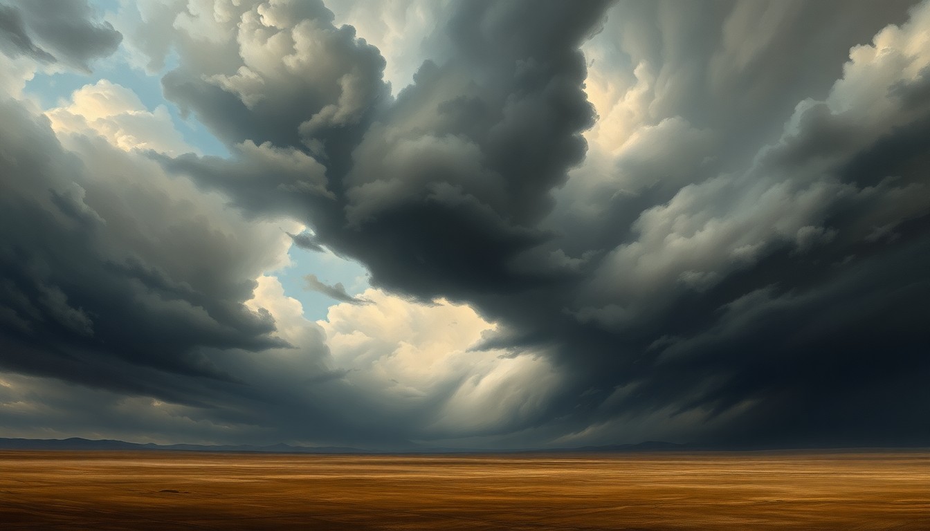 A vast, moody landscape painting in the style of Caspar David Friedrich, with a turbulent, swirling sky of dark clouds dominating the scene and dwarfing any physical structures or objects below.