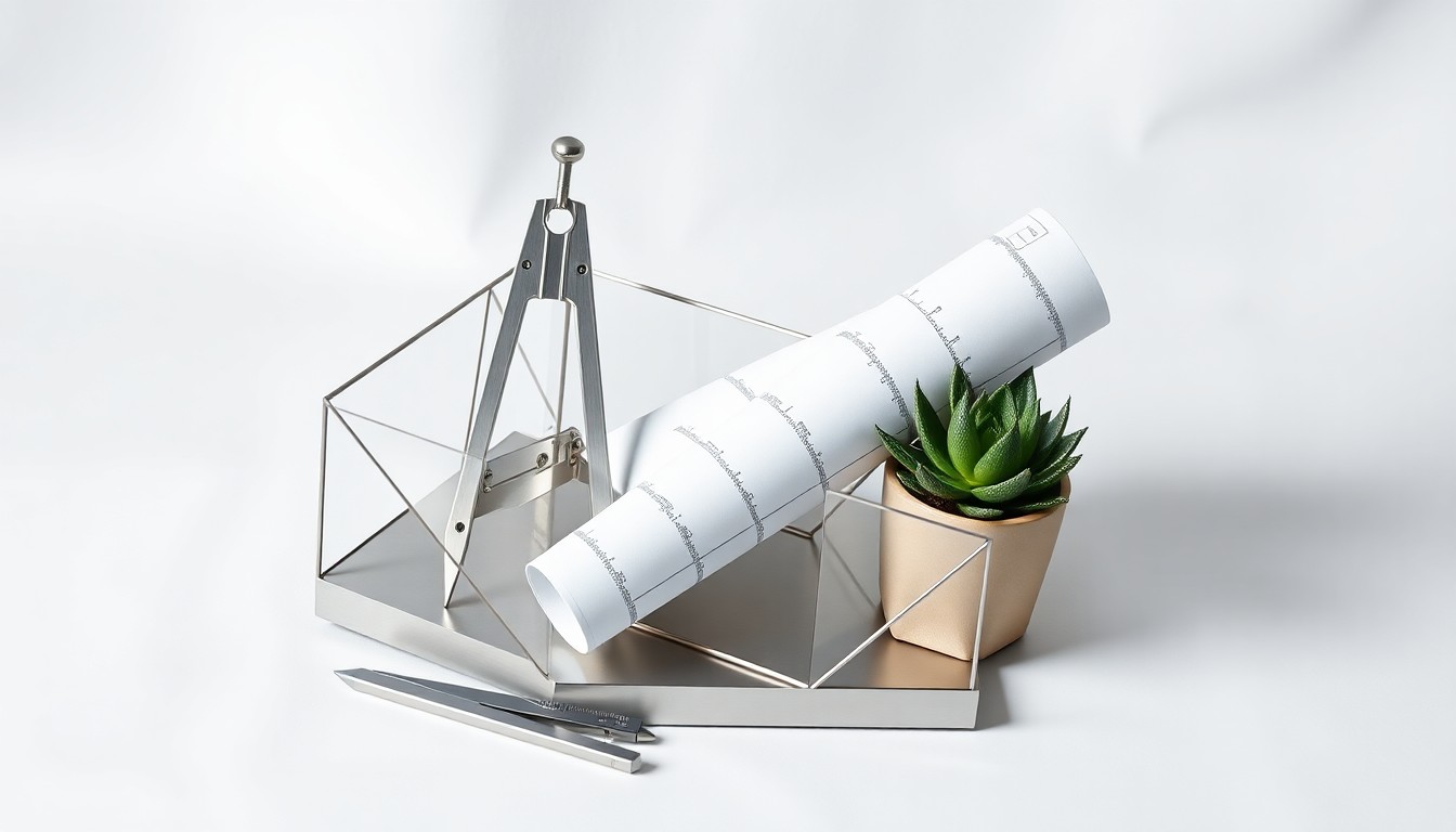 A high-end, photorealistic studio still-life photograph featuring a polished, geometric desk organizer made of brushed aluminum, with a drafting compass, a rolled-up blueprint, and a small potted succulent plant arranged elegantly on a clean, white seamless background, conceptually representing the civil engineering firm's focus on precision, planning, and sustainable design.