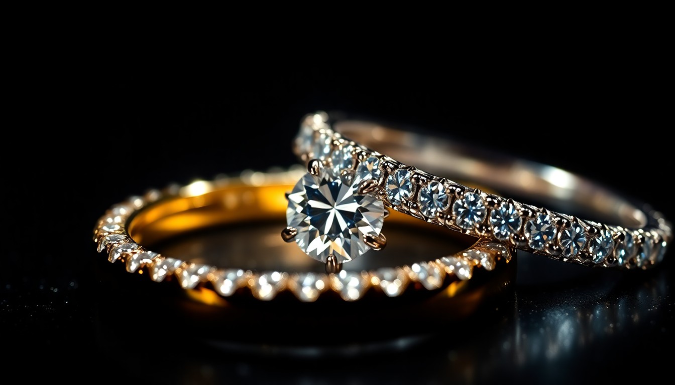 An extreme close-up photograph of a diamond engagement ring reflecting dramatic studio lighting, conveying the luxurious yet scrutinized nature of celebrity relationships.