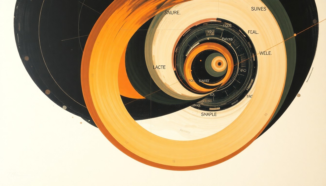 A bold, abstract painting in earthy tones depicting a complex, interlocking series of geometric shapes, arcs, and spirals, representing the intricate physical forces and structures involved in the Artemis II spacecraft's high-speed reentry through Earth's atmosphere.