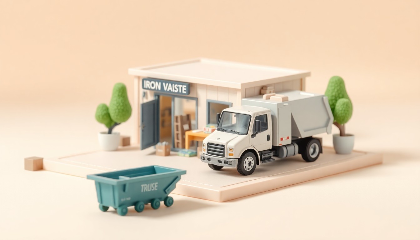 A miniature, stylized 3D diorama featuring geometric shapes and soft pastel colors representing the reliable, community-focused services of a local waste management company.