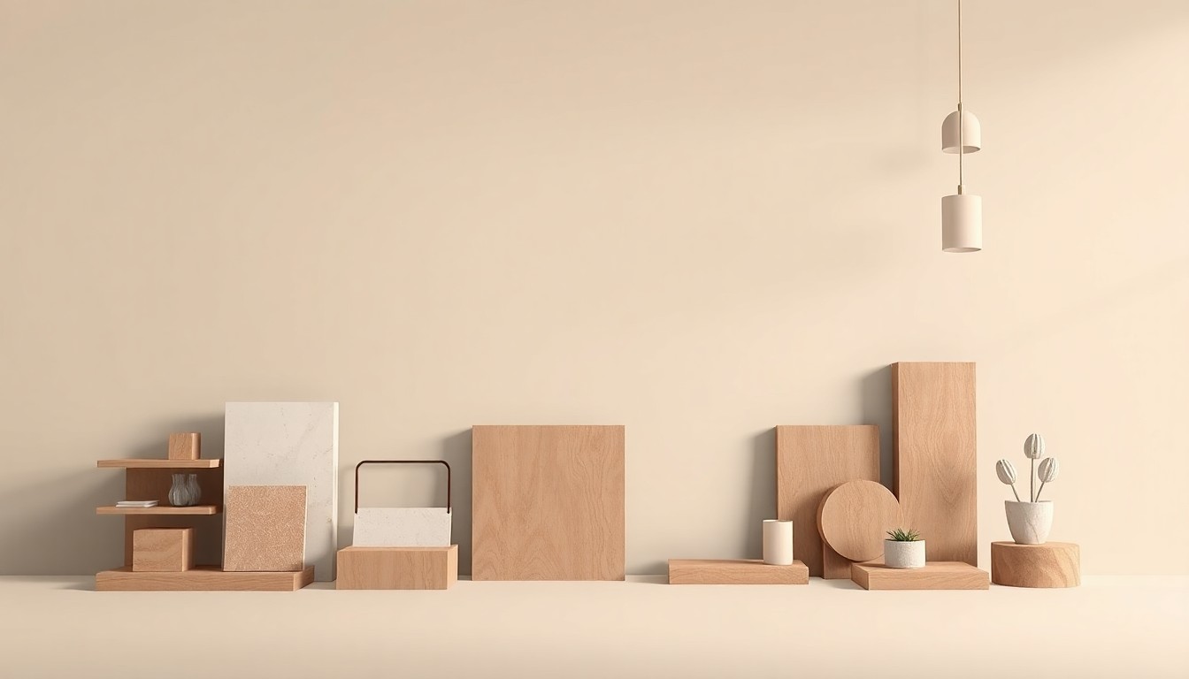 A photorealistic studio still life featuring a collection of minimalist, geometric retail fixtures and signage elements in muted earth tones, conceptually representing the delayed opening of new stores in Apple Valley due to utility infrastructure issues.