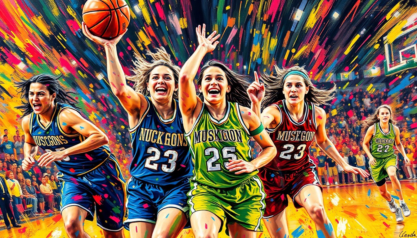 An abstract, expressionist painting featuring vibrant brushstrokes of neon colors that capture the raw energy and emotion of a high school girls basketball championship game.