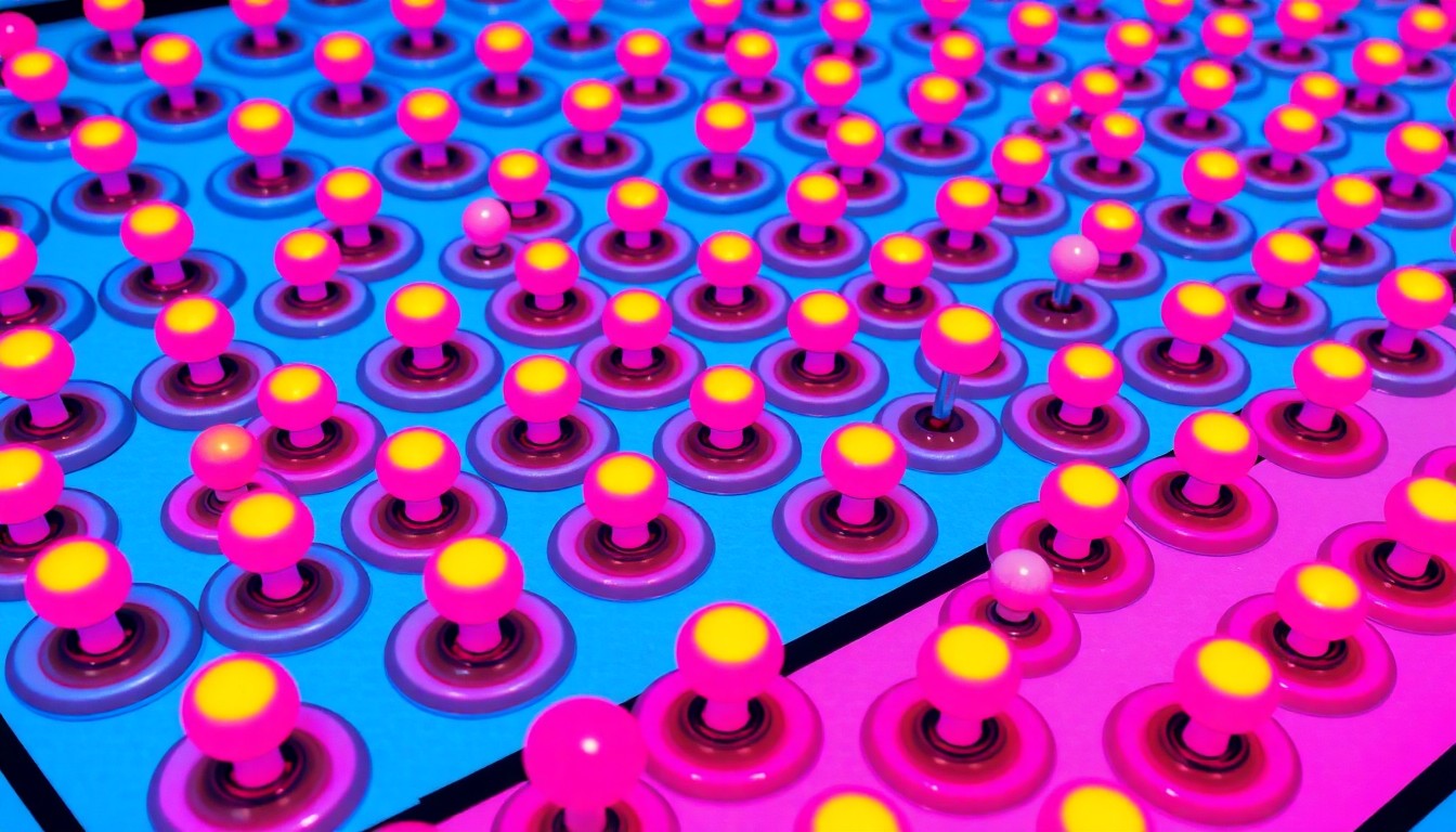 A bold, abstract silkscreen print featuring a repeated pattern of a classic arcade game joystick in neon blue, pink, and yellow, conceptually representing the vibrant energy and nostalgia of a beloved local entertainment venue.