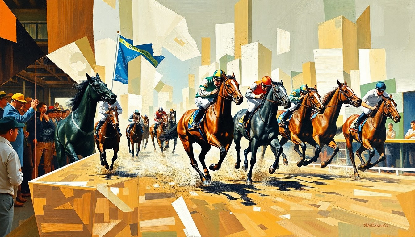 A cubist, geometric painting depicting a horse race, with the horses and jockeys broken down into overlapping, angular shapes in a vibrant color palette, conceptually representing the unpredictability and excitement of the Grand National without its defending champion.