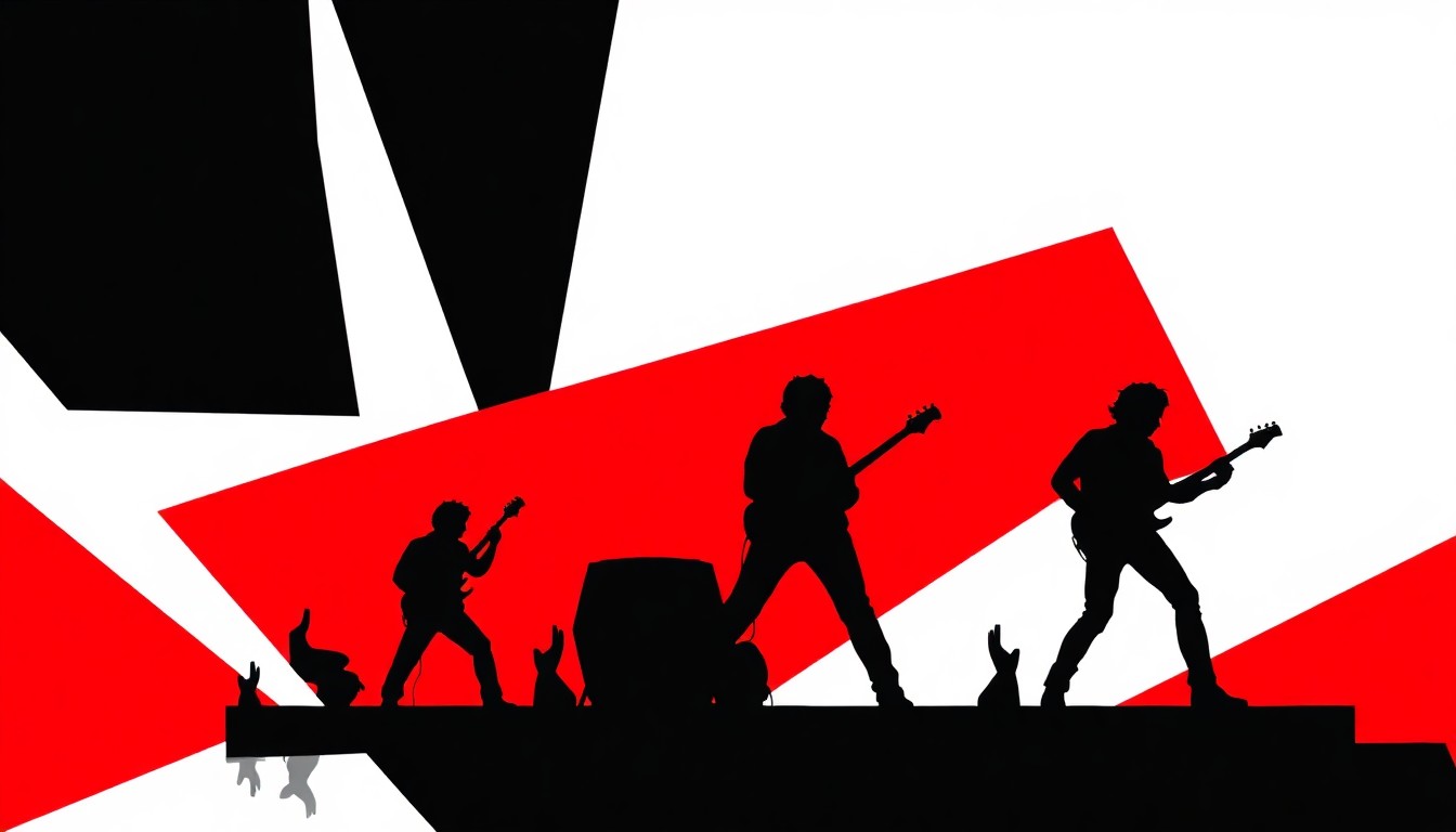 A dynamic, abstract illustration featuring bold black shapes and geometric patterns in red, white, and black, capturing the energy and excitement of a live rock concert performance.