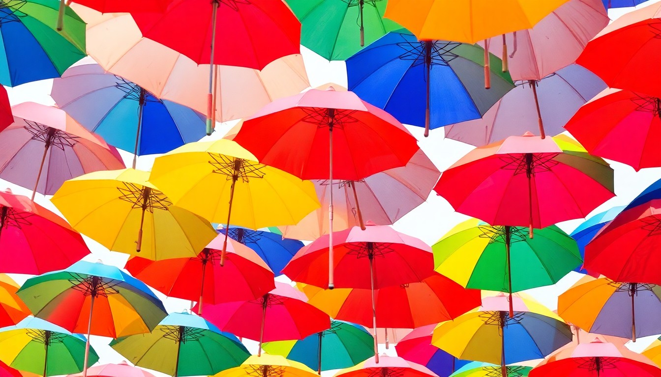 A bold, colorful silkscreen-style illustration featuring a repeating pattern of stylized festival tents or umbrellas in a grid, capturing the lively energy of an outdoor arts and culture event.