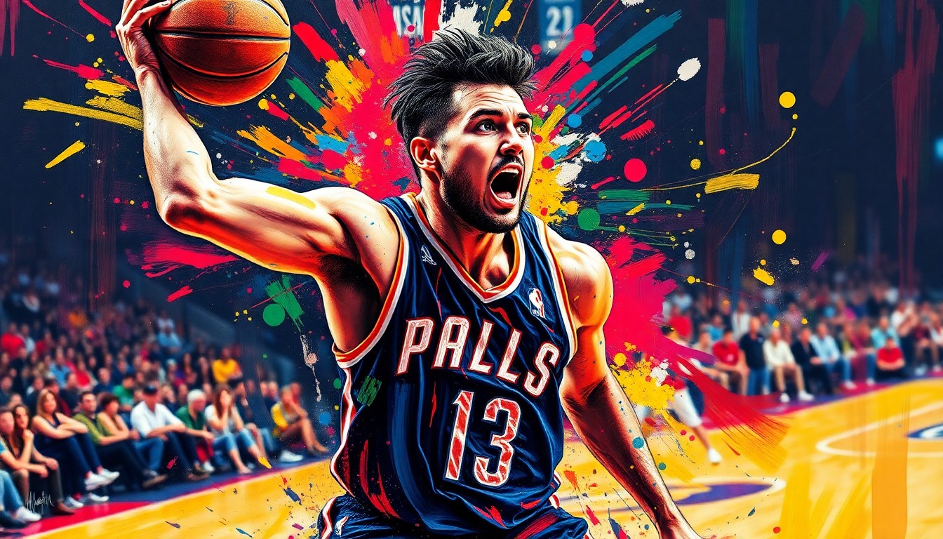 An extreme close-up of a basketball player's face and jersey dissolving into a vibrant, expressionist painting of neon colors and rapid brushstrokes, capturing the raw energy and dynamic movement of the game.