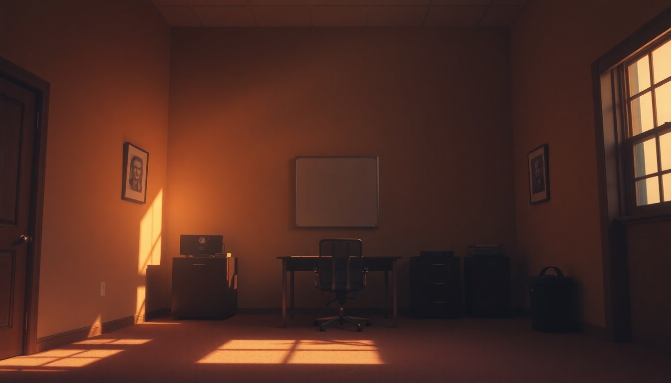 A serene, cinematic painting of a dimly lit political campaign office, with a single desk and chair bathed in warm, diagonal sunlight, conveying a sense of solitude and vulnerability in the face of escalating threats.
