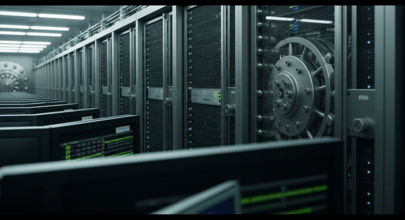 A highly detailed, black-and-white close-up image of the inner workings of a financial institution, such as rows of computer servers or trading terminals, conveying a sense of the complex infrastructure and technology underlying the industry.