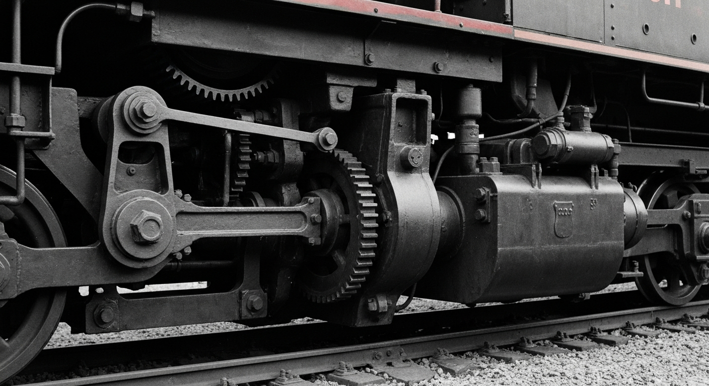 A high-contrast, close-up image of the gears, pistons, and other mechanical components that power a Union Pacific locomotive, conveying the industrial might and technical sophistication of the company's operations.