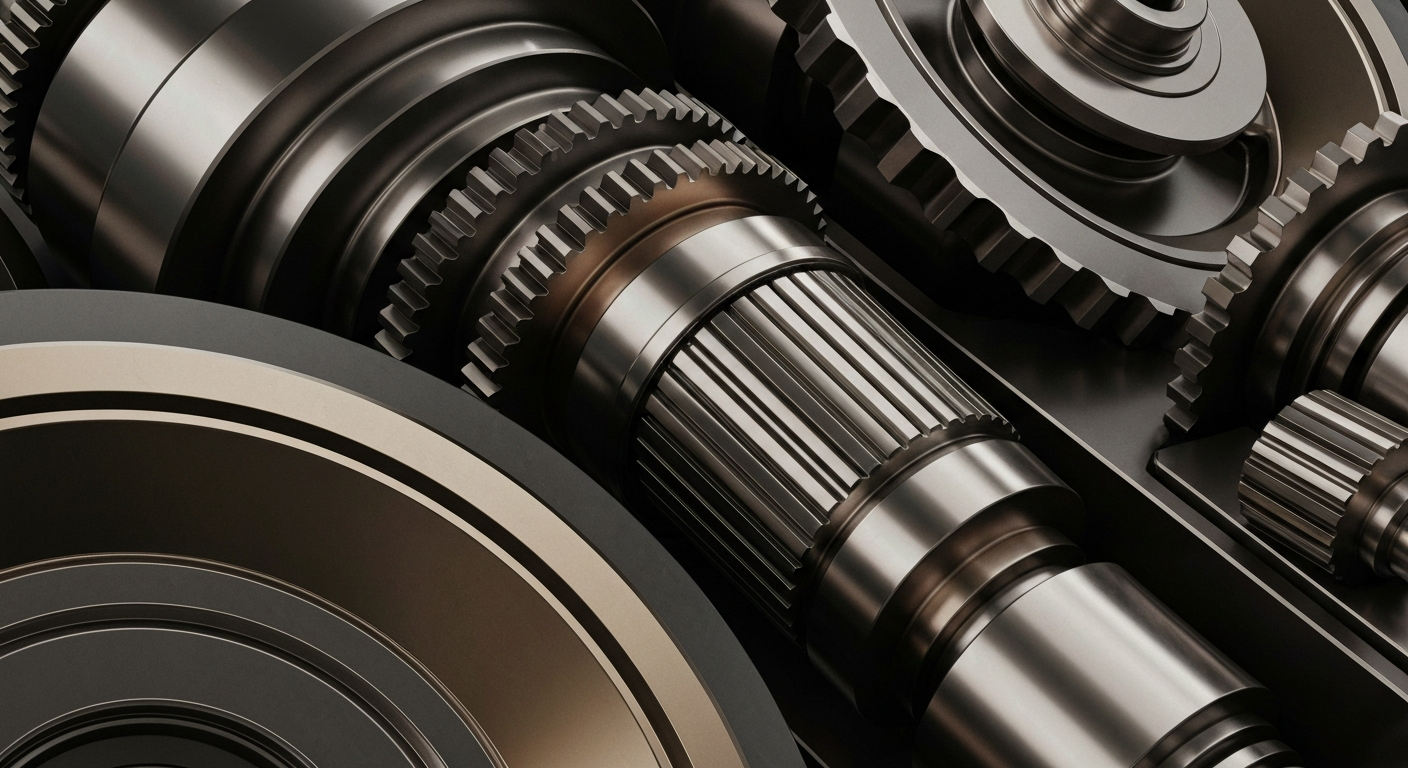 An extreme close-up of intricately engineered industrial gears and machinery in shades of steel grey, bronze, and black, conveying the tangible power and security of Eaton Corporation's financial position.