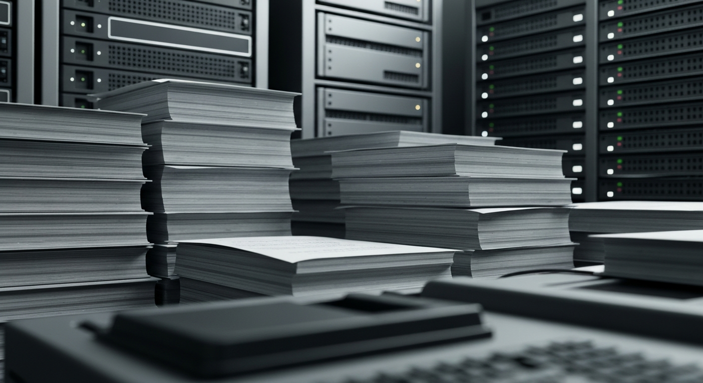 An extreme close-up of various financial documents, computer servers, and other heavy banking machinery, conveying the institutional investment activity and financial infrastructure behind Netflix's stock performance.