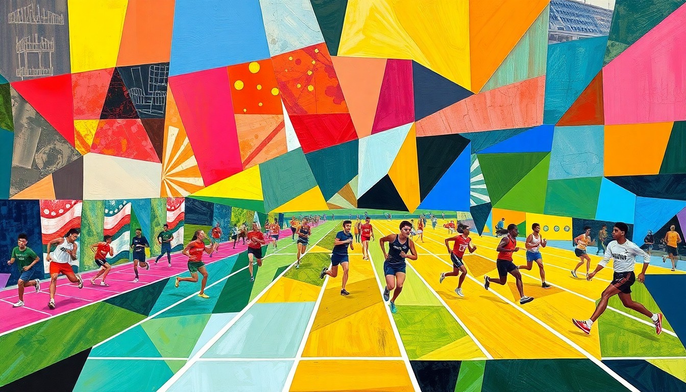 A cubist-style painting featuring sharp, overlapping geometric shapes and planes of bright, vibrant colors representing the various events and athletes of a high school track and field competition.