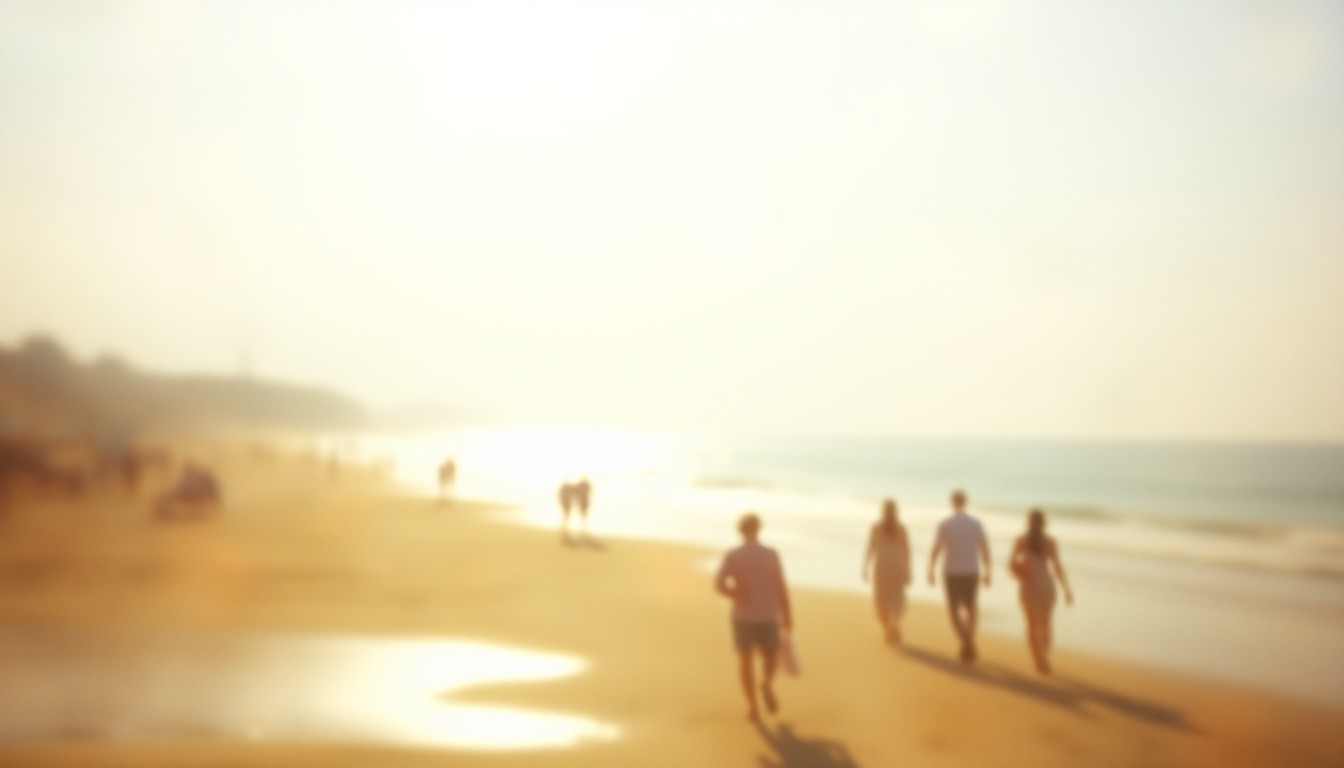 An impressionistic, out-of-focus photograph of people walking along a sun-dappled beach, with soft, warm pools of color and light creating a hazy, dreamlike atmosphere that captures the essence of a welcoming coastal town.